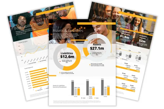 Quarterly Financial Visual Analytics Report Quarterly financial analytics report featuring assets, liabilities, receivables, and expense summaries.